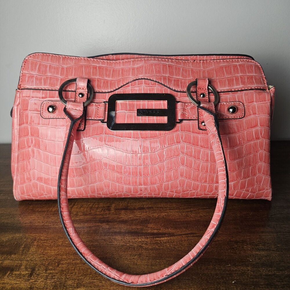 Vintage 2000s GUESS Coral Pink Faux Croc Handbag Y2K Statement Purse